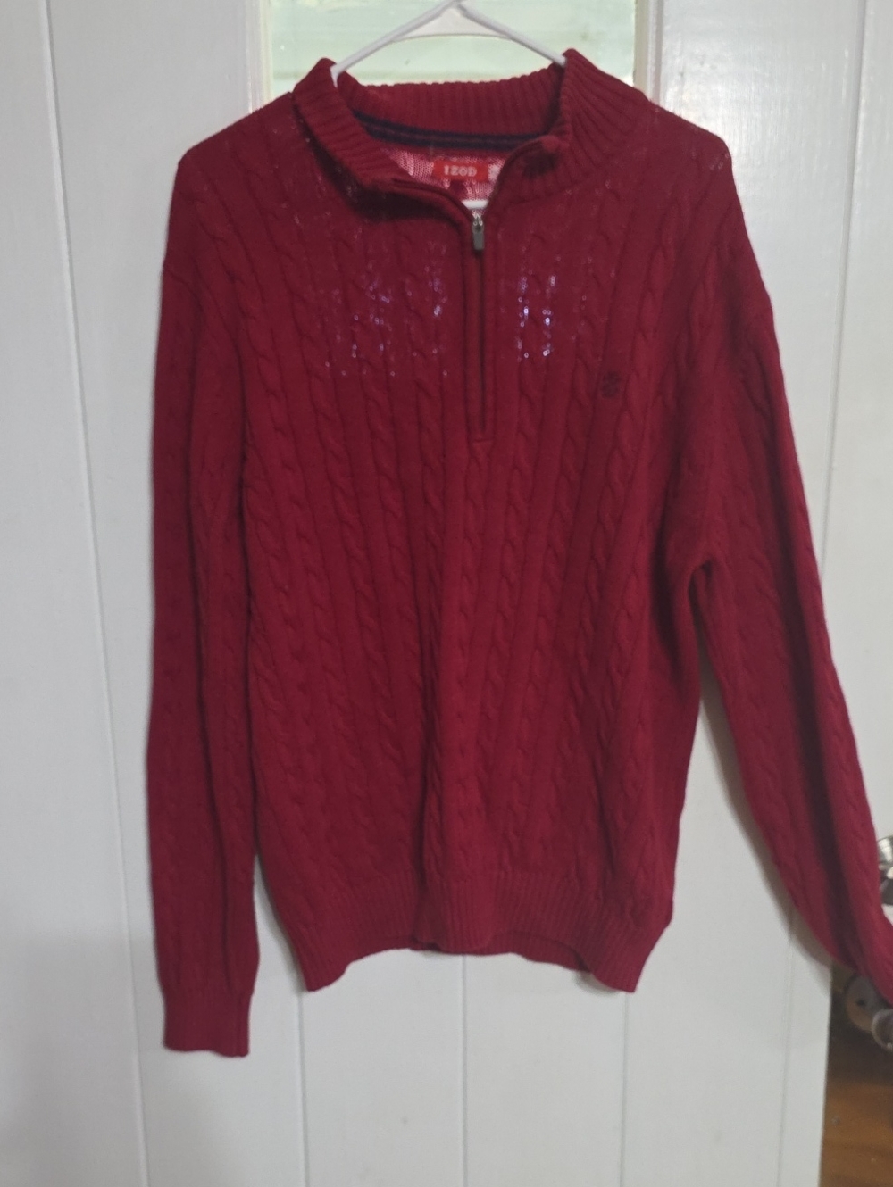 Izod Men's Cable Knit Sweater Red Mock Neck 1/4 Zip 100% Cotton Sz L EUC